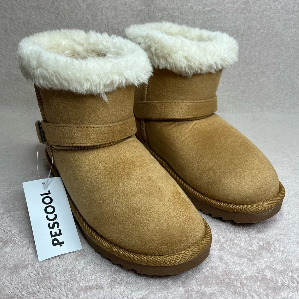 Pescool Faux Suede Shearling Boots Ankle Buckle Booties-Brown-Women’s 8-Winter